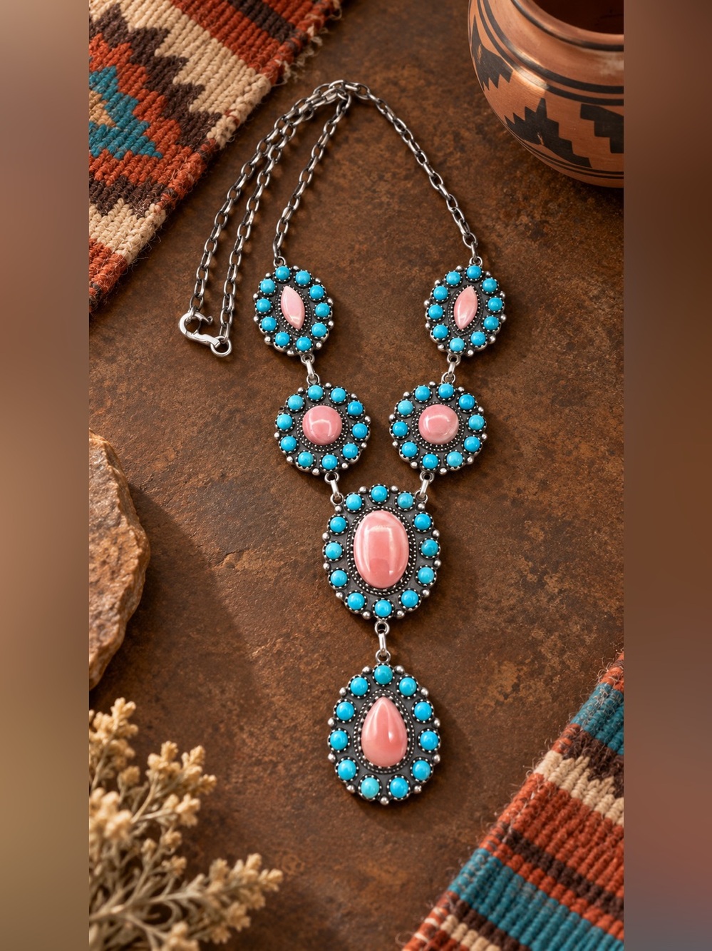 Native American Sterling Silver Turquoise Pink Conch Shell Cluster Bib Necklace
